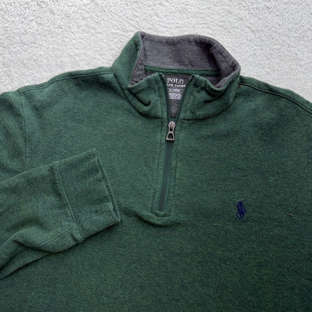 Polo Ralph Lauren Mens Medium Quarter Zip Pullover Heather Green Mock Neck Logo